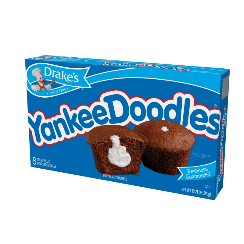 Box of Drake's Yankee Doodles cupcakes featuring two chocolate cakes with white cream filling on a blue background.