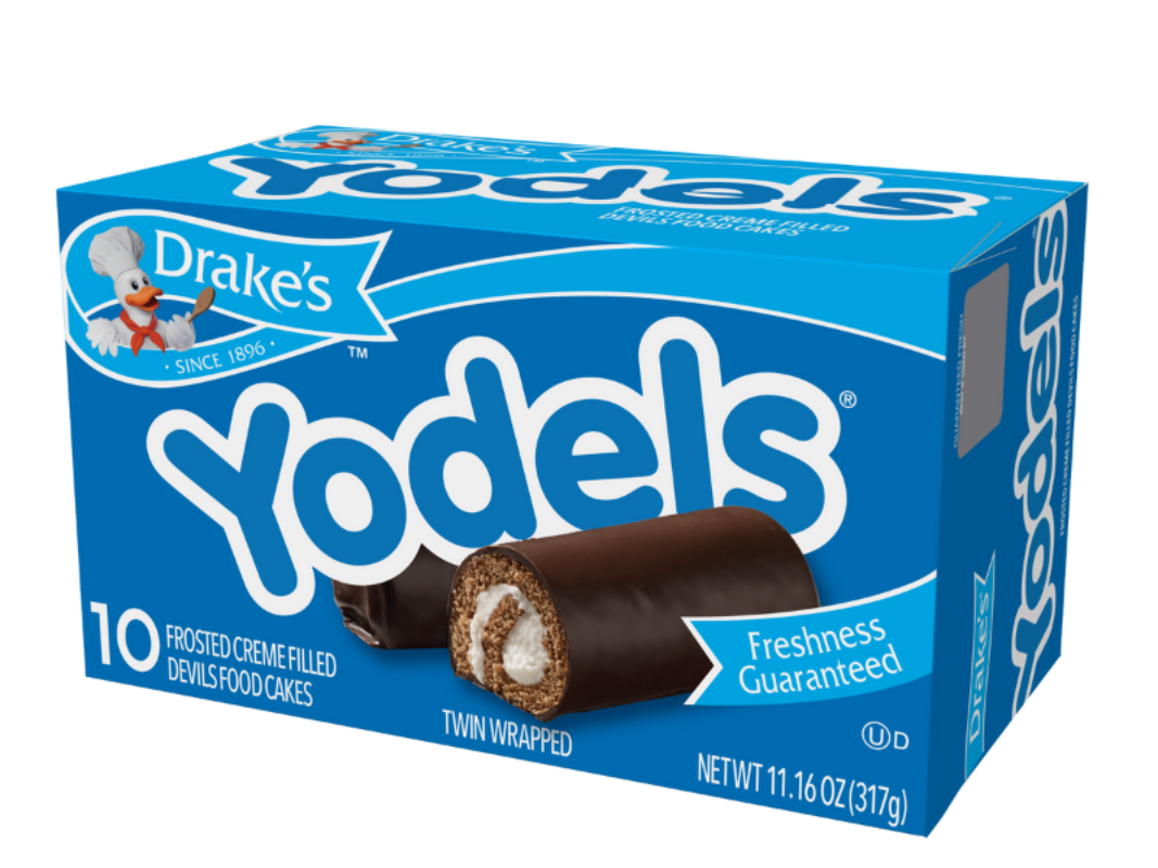 A box of Drake's Yodels, a blue package featuring ten frosted, creme-filled devil's food cakes.