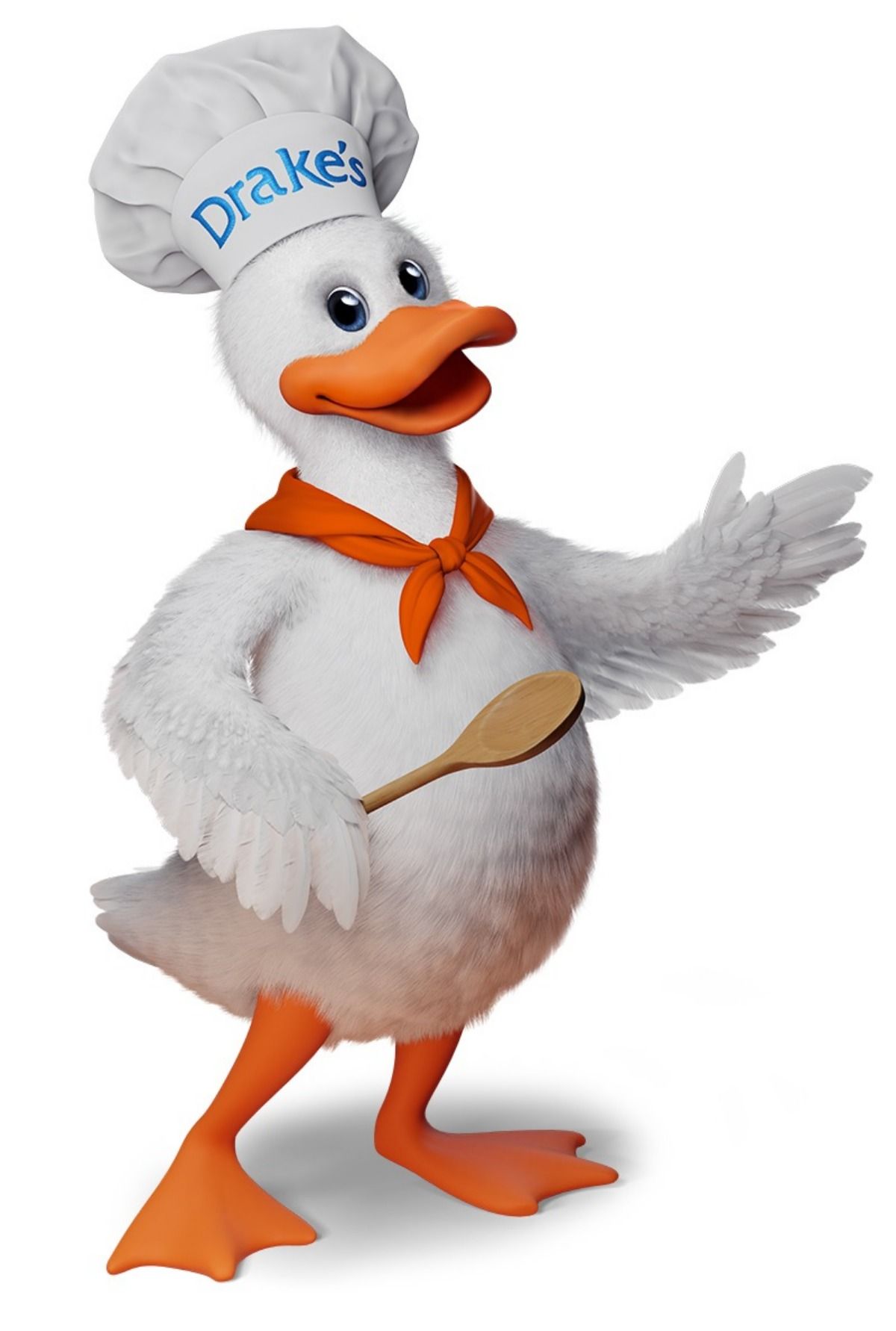 A white cartoon duck wearing a chef’s hat with