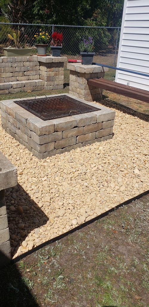 There is a fire pit in the middle of the yard.