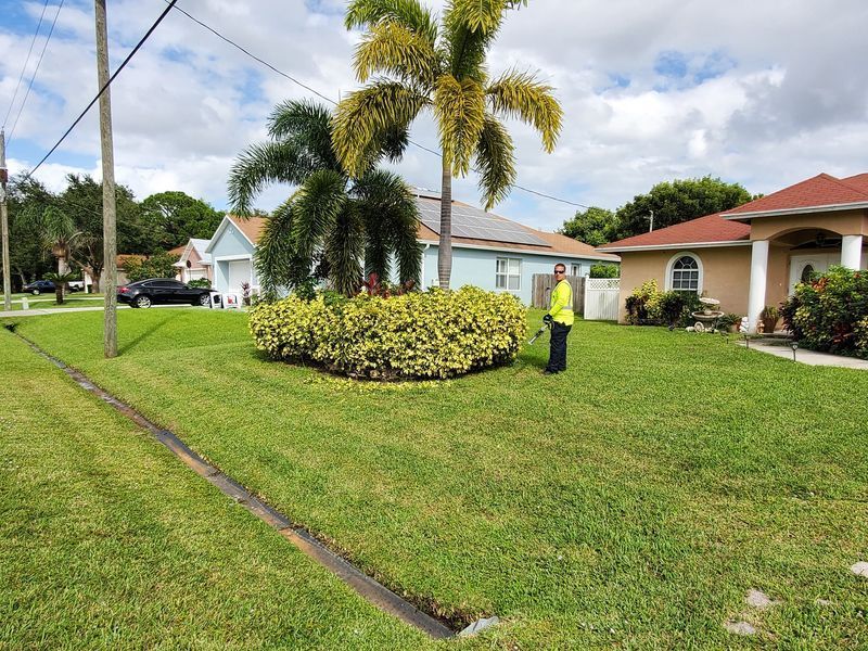 A man is mowing a lush green lawn in front of a house.