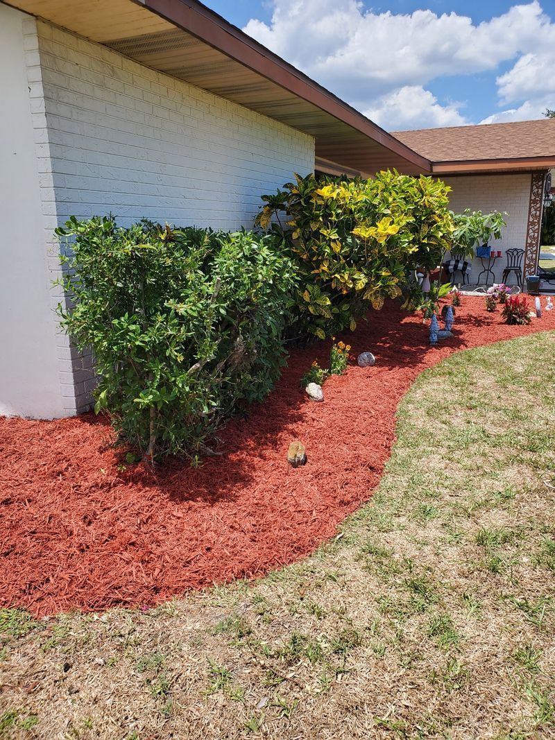 A white house with red mulch in front of it.