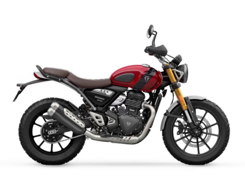 A red motorcycle is shown on a white background.