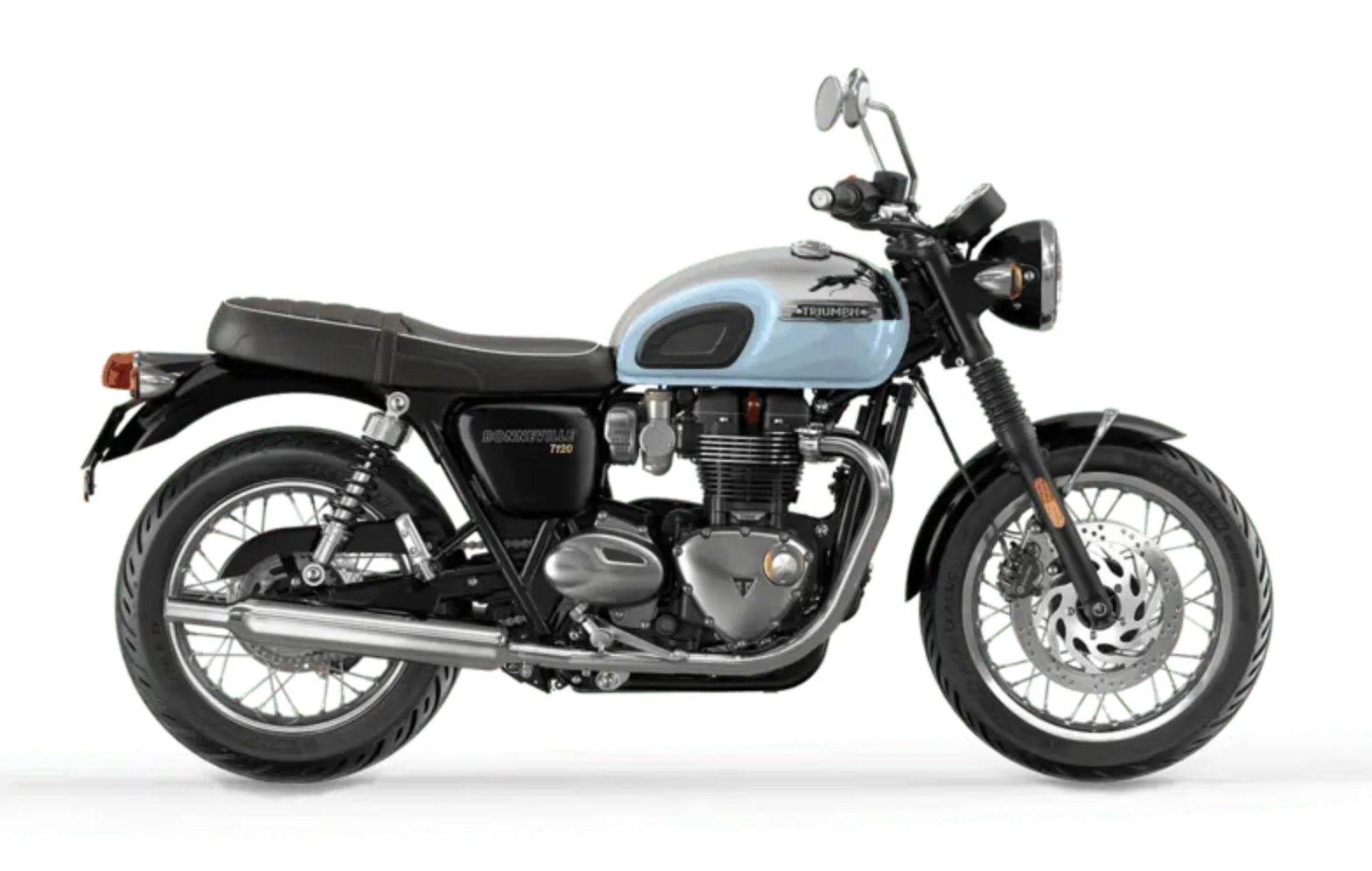 A blue and black motorcycle on a white background.