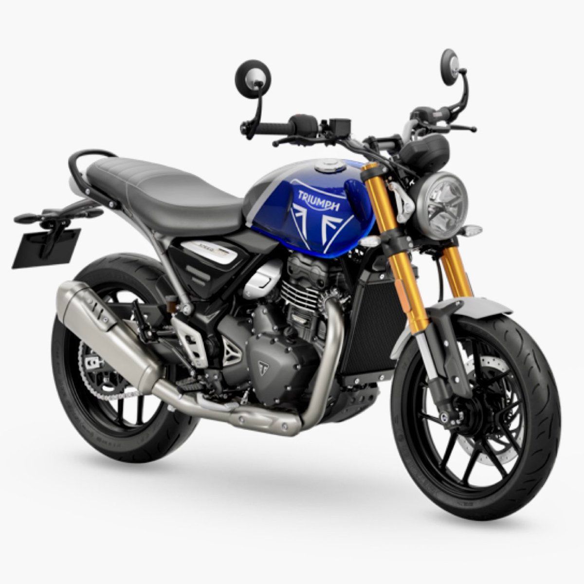 A blue and black motorcycle is parked on a white background.