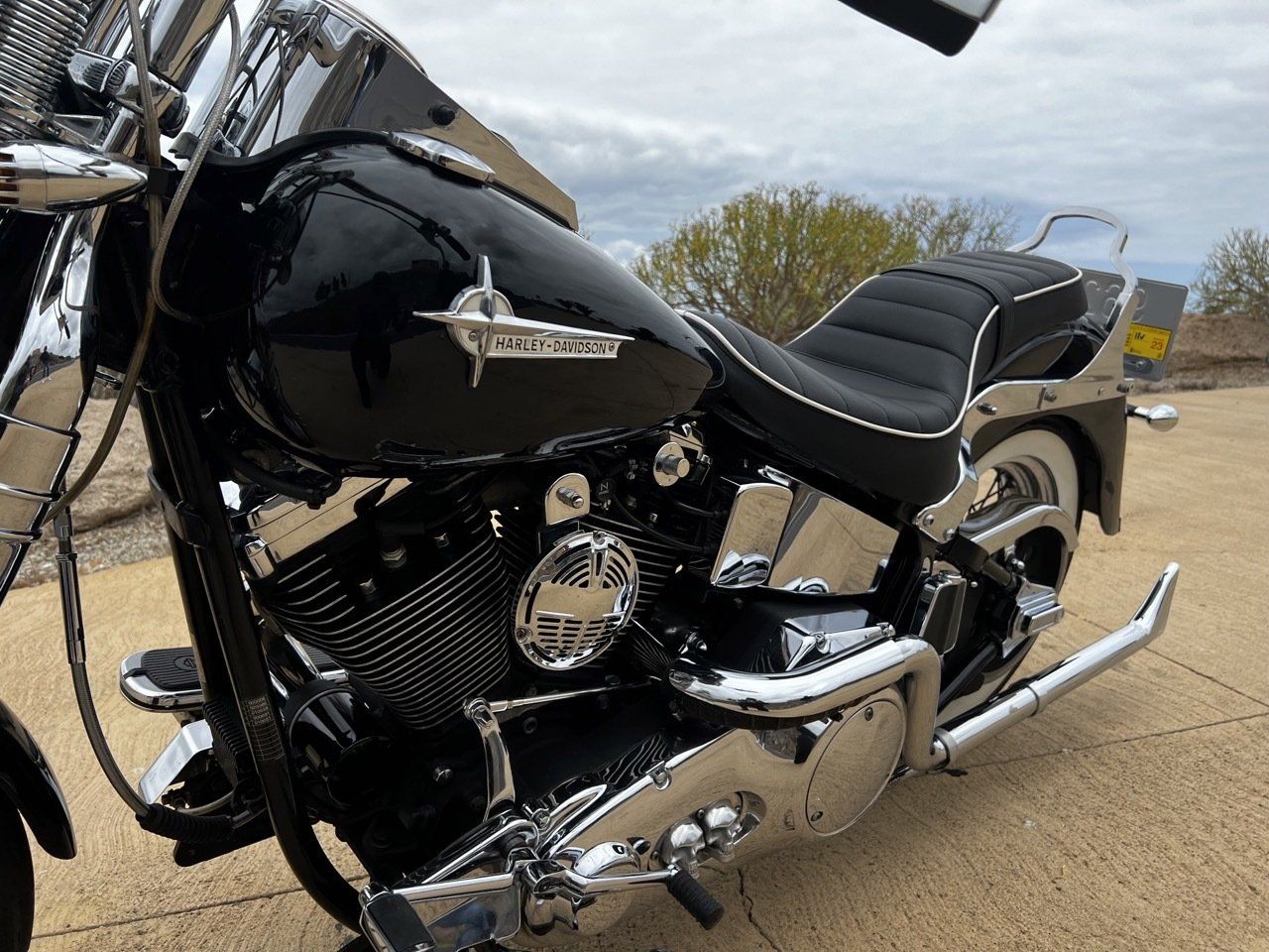 A black harley davidson motorcycle is parked in a parking lot.