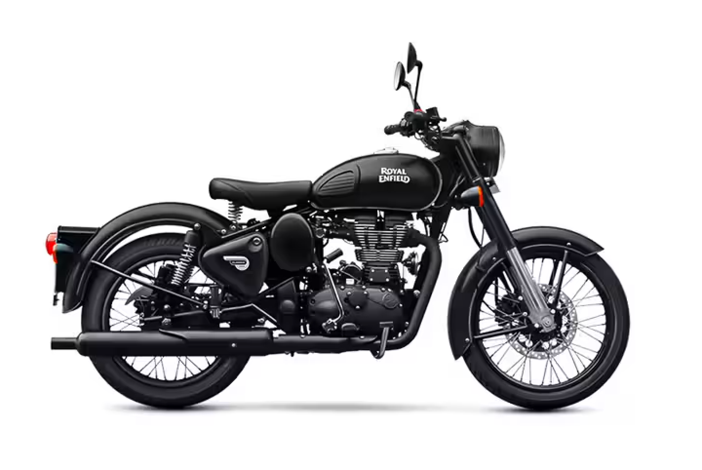 A black motorcycle is shown on a white background.
