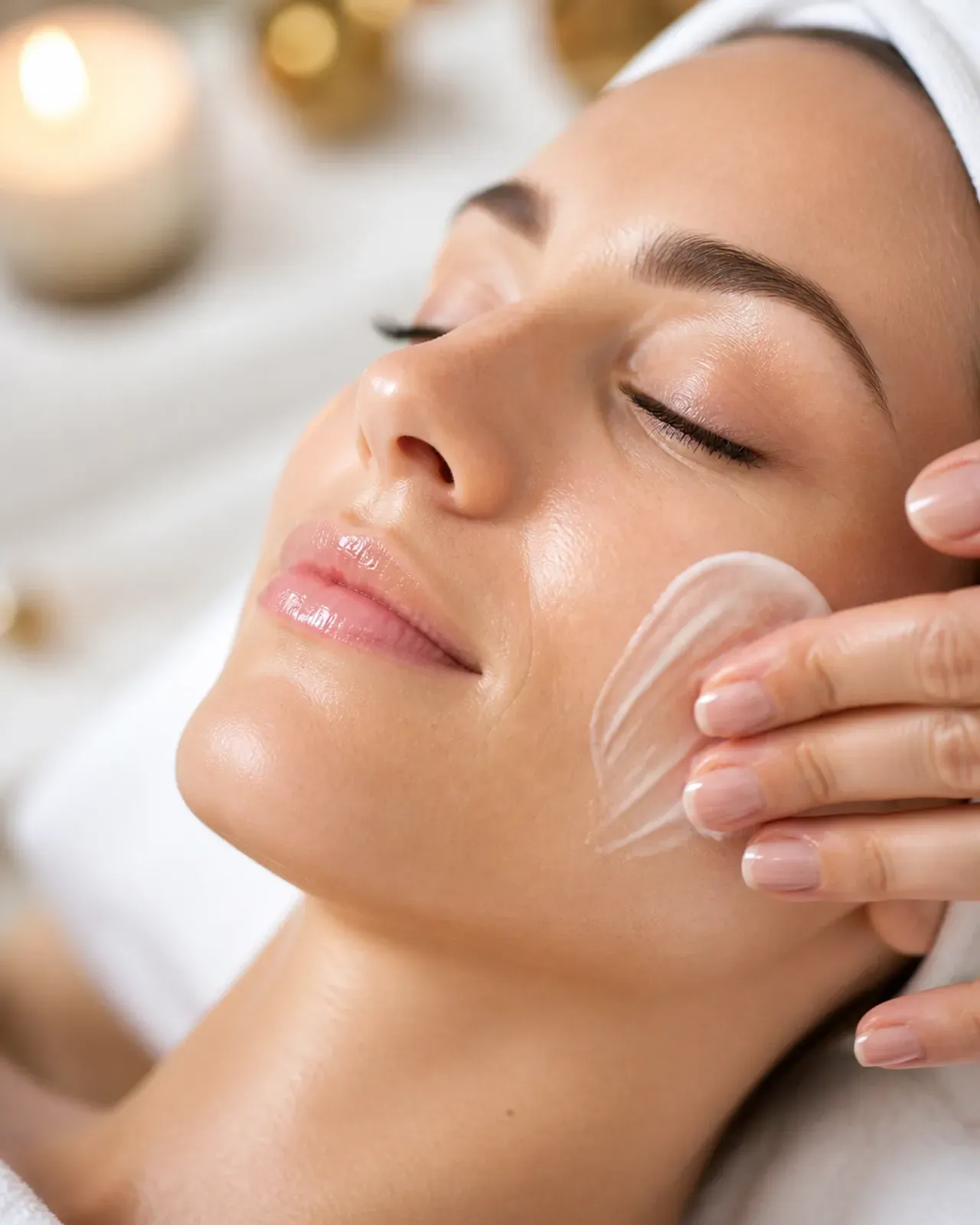Close-up of a luxurious facial treatment with glowing skin and a soft-focus practitioner hand