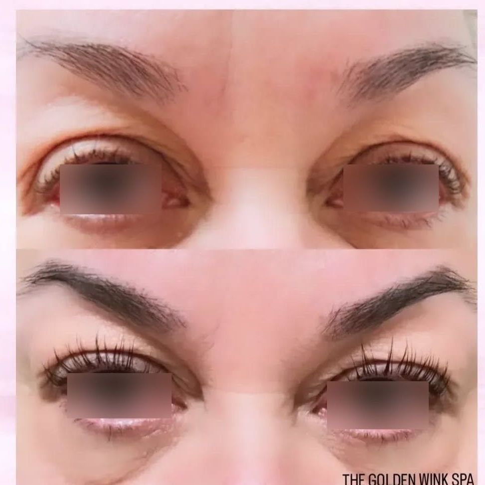 A before and after photo of a woman 's eyes and eyebrows