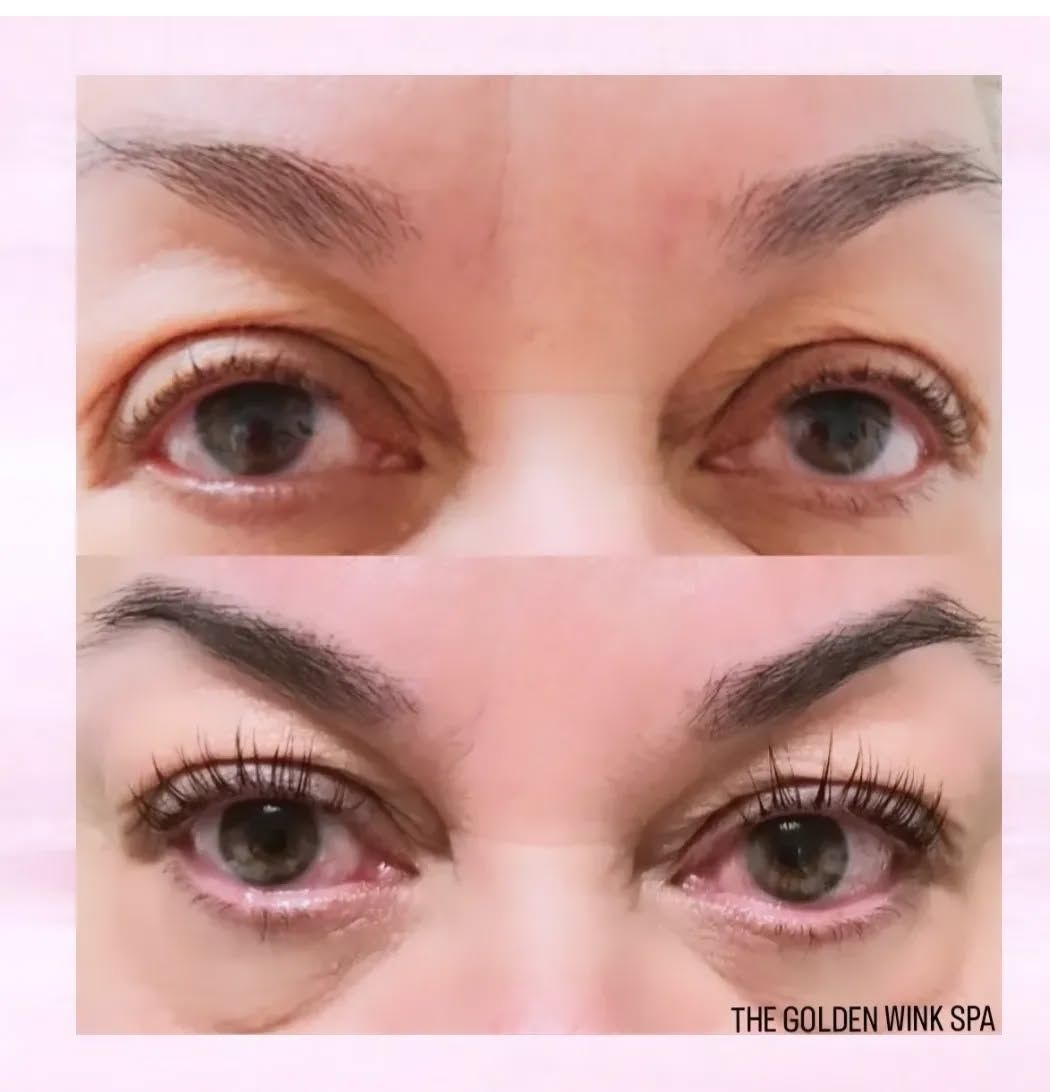 A before and after photo of a woman 's eyes and eyebrows