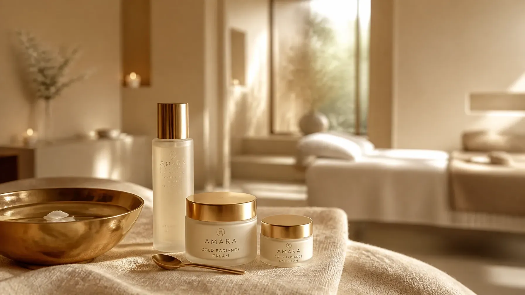 High-end skincare products arranged beautifully in a luminous, golden-toned spa setting