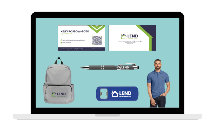 Company branded swag, including bottle openers, backpack, business cards, shirts, pens for Lend Investors Capital