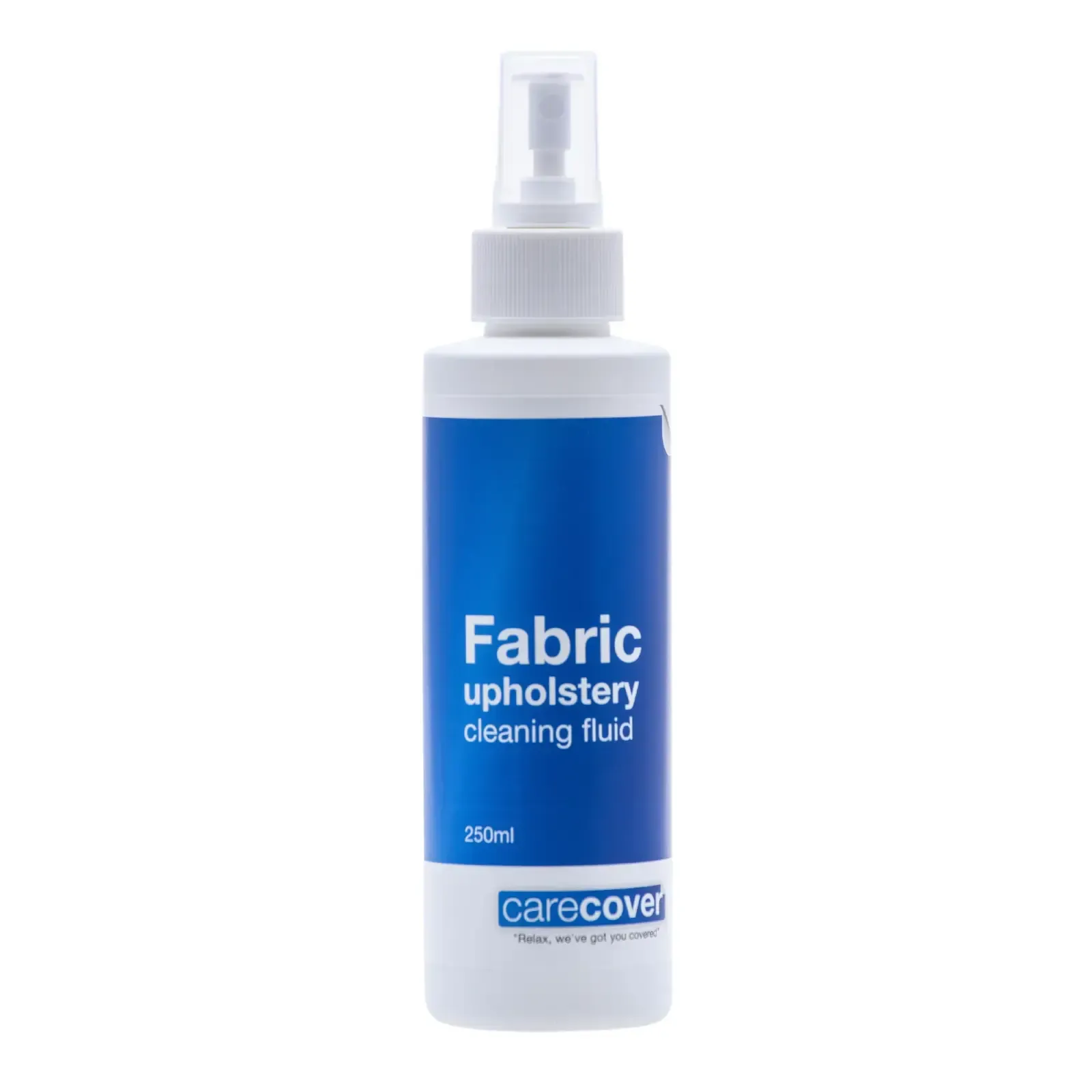 A blue and white bottle of fabric upholstery cleaning fluid — Envisage Furniture in Kialla, VIC