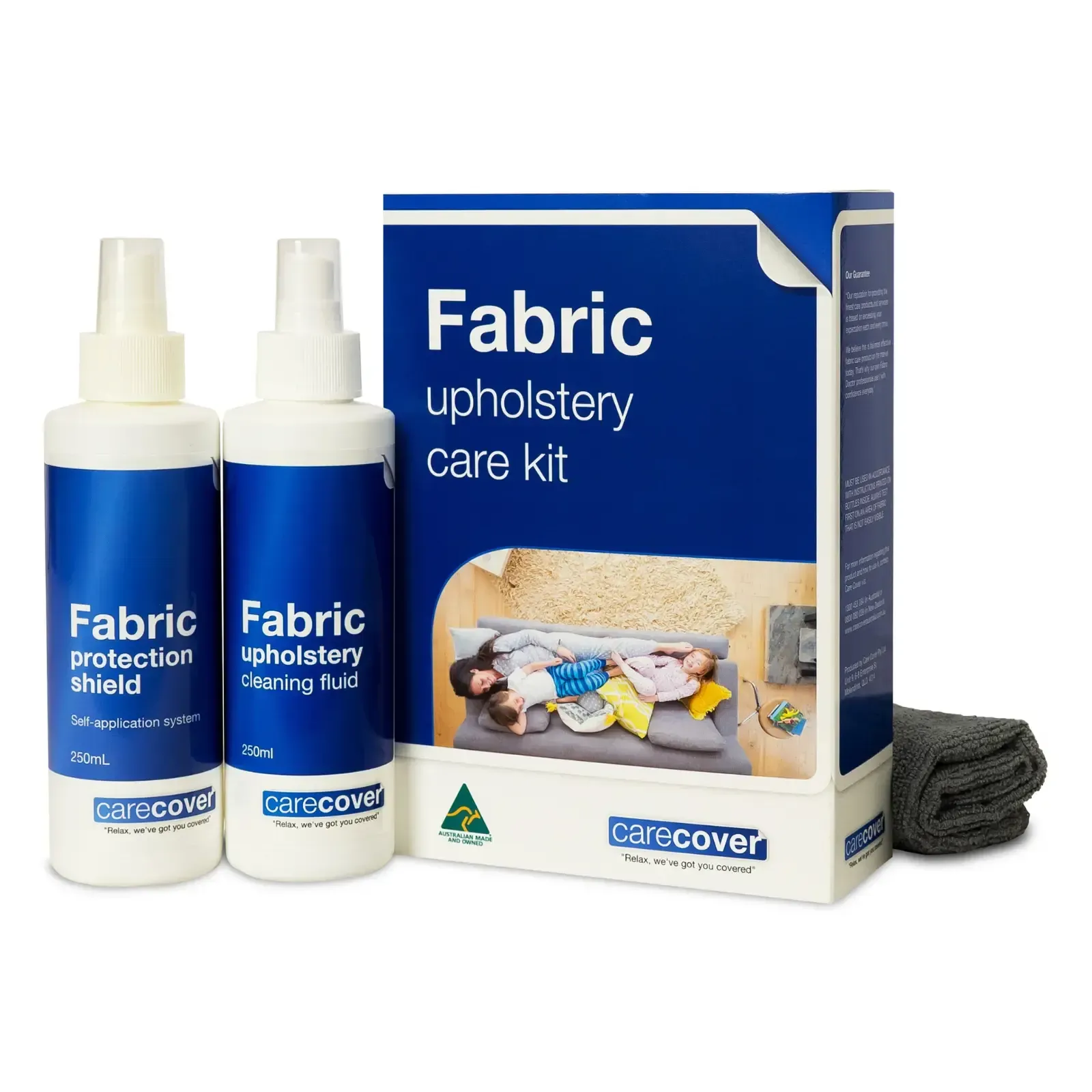 A fabric upholstery care kit with two spray bottles and a towel — Envisage Furniture in Kialla, VIC
