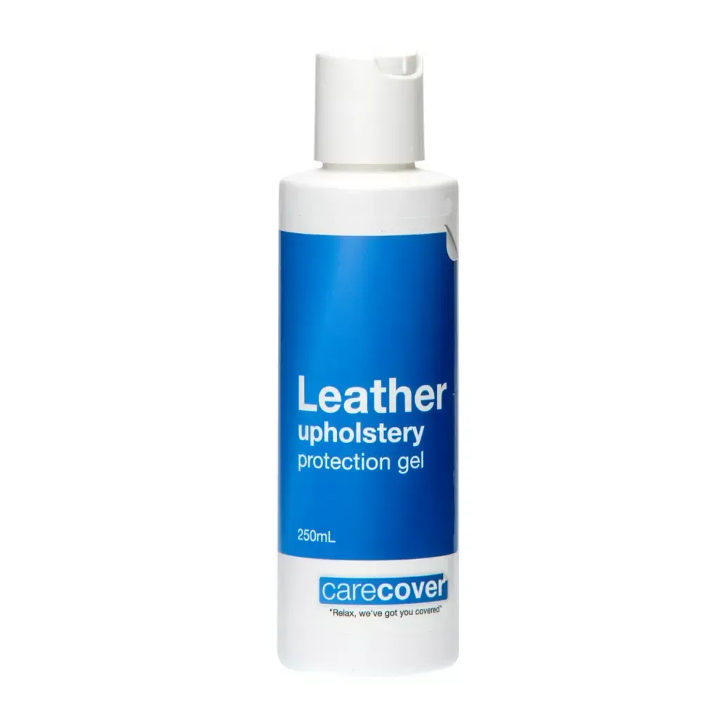 A Blue and White Bottle of Leather Upholstery Protection Gel — Envisage Furniture in Kialla, VIC