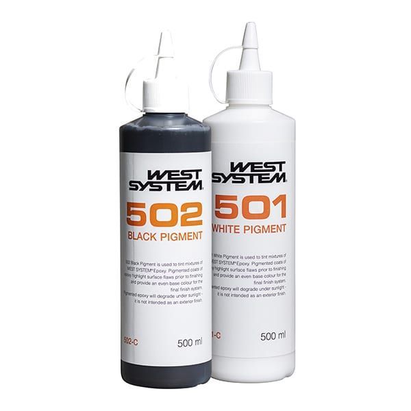 Two Bottles of West System 502 501 Black Pigment and White Pigment — Envisage Furniture in Kialla, VIC