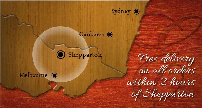 A Map That Says Free Delivery on All Orders Within 2 Hours of Shepparton — Envisage Furniture in Kialla, VIC