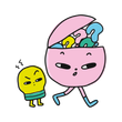 Pink cartoon character walking with a small yellow grumpy figure, question marks popping from its open head.