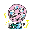 Cartoon pink head with flowers and stars, smiling face, typing on a laptop with blue hands