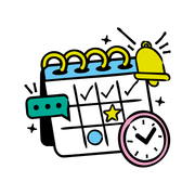 Colorful calendar with a bell, chat bubble, and clock, suggesting event reminders and scheduling