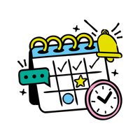 Colorful calendar with a bell, chat bubble, and clock, suggesting event reminders and scheduling
