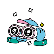Cartoon character with starry binoculars, blue hat and gloves, looking excited with sparkles around it