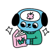 Cute blue cartoon bear reading a pink book, with sparkles and a little worm bookmark.