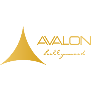 Gold logo featuring a triangular icon next to the text "AVALON" in a modern font and "hollywood" in a script font.