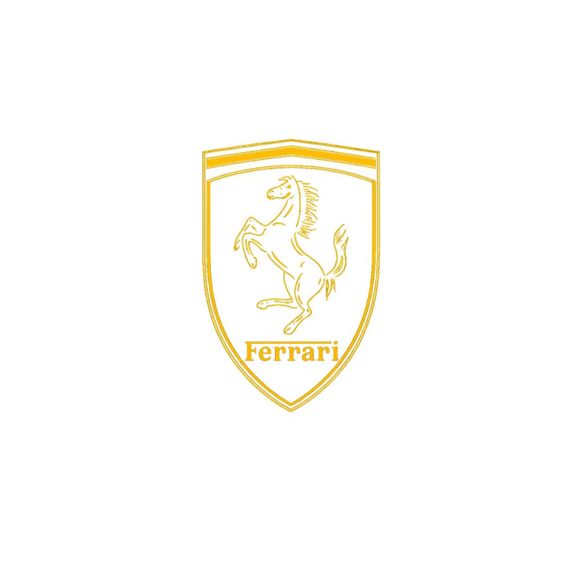 A gold Ferrari logo featuring the prancing horse on a shield against a white background.