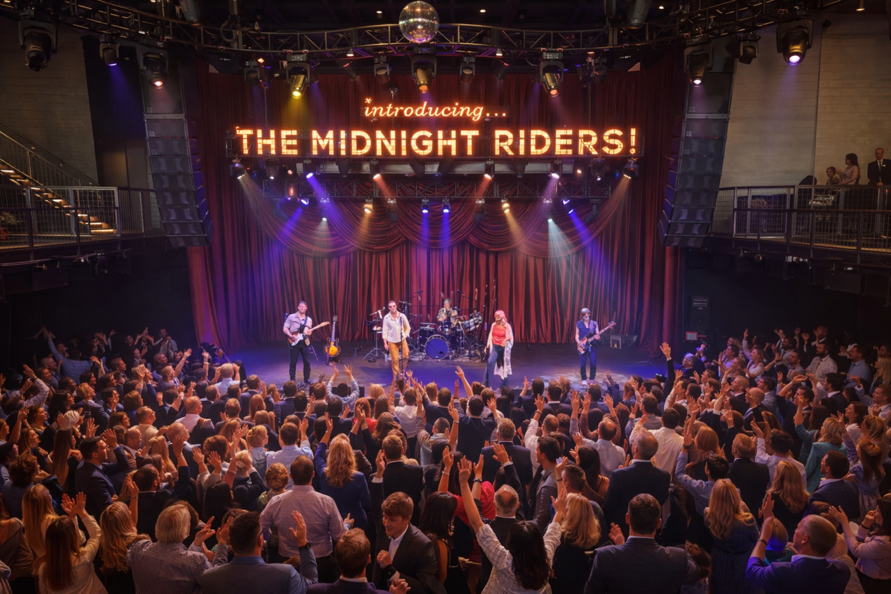 A band performs on a stage under a sign reading “introducing... THE MIDNIGHT RIDERS!” for a cheering, crowded audience.