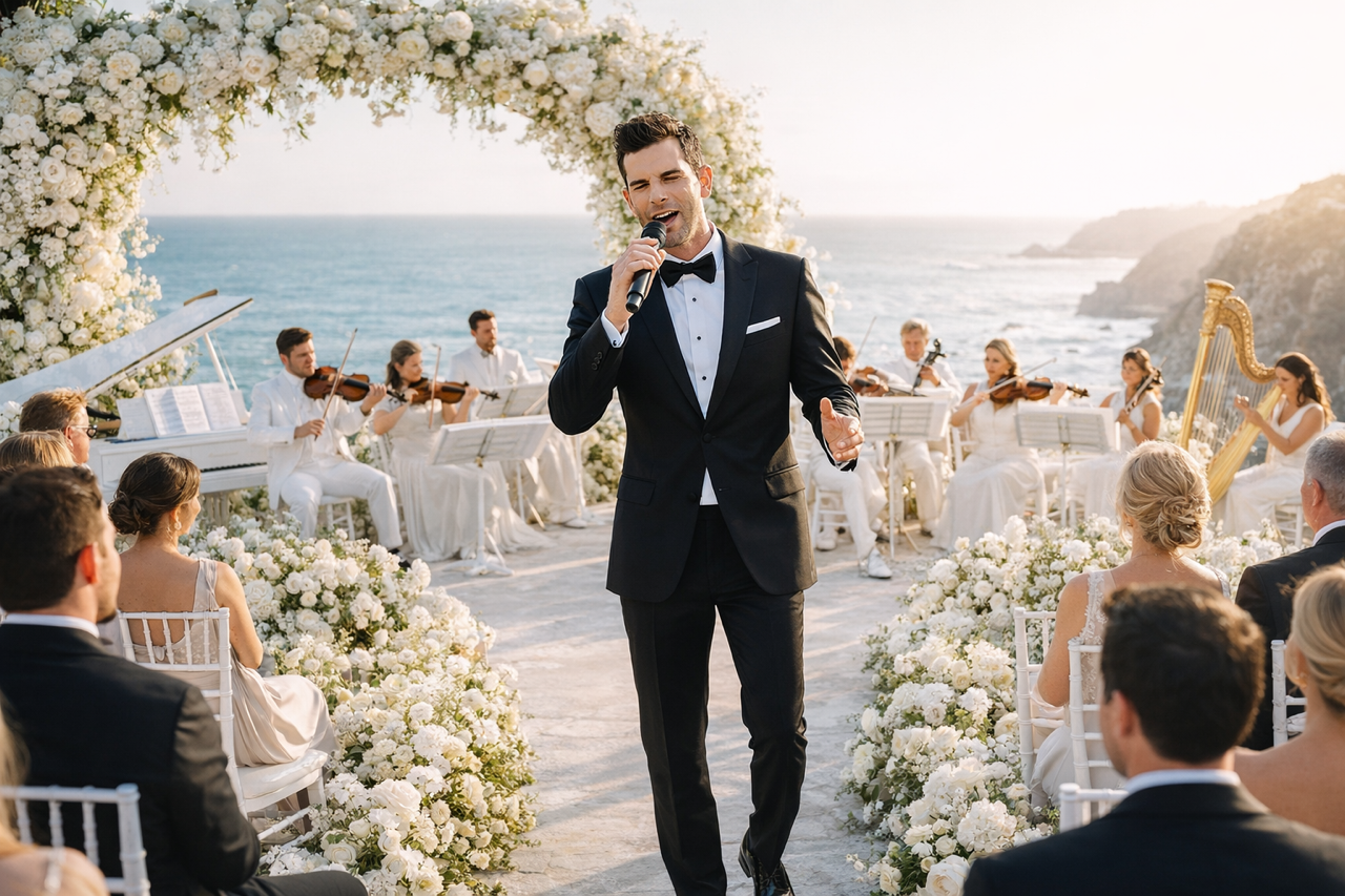 A singer in a tuxedo performs with a string quartet at an oceanfront wedding ceremony decorated with white floral arches.