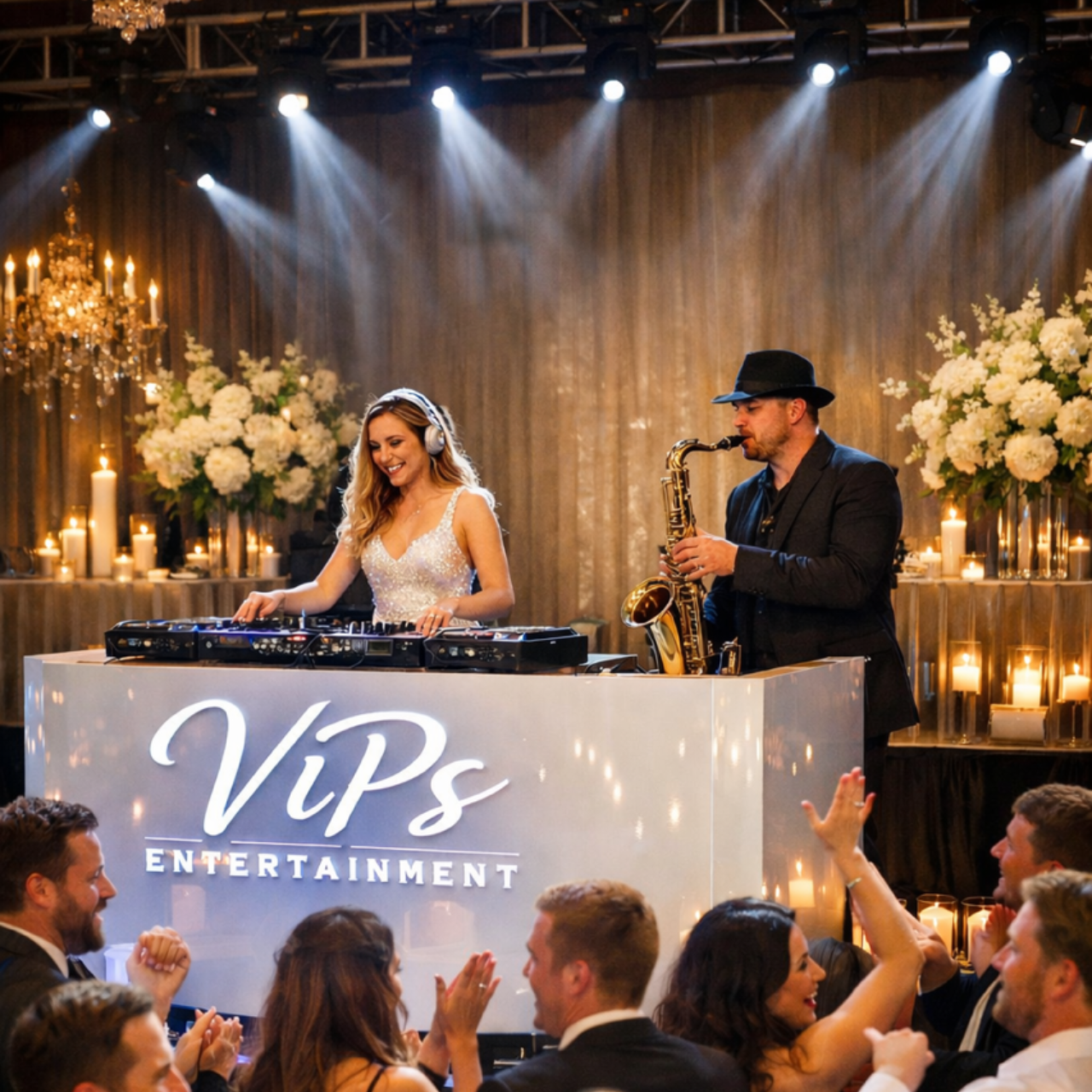 A woman DJ and a saxophonist perform at a brightly lit event behind a Vips Entertainment booth as guests dance.