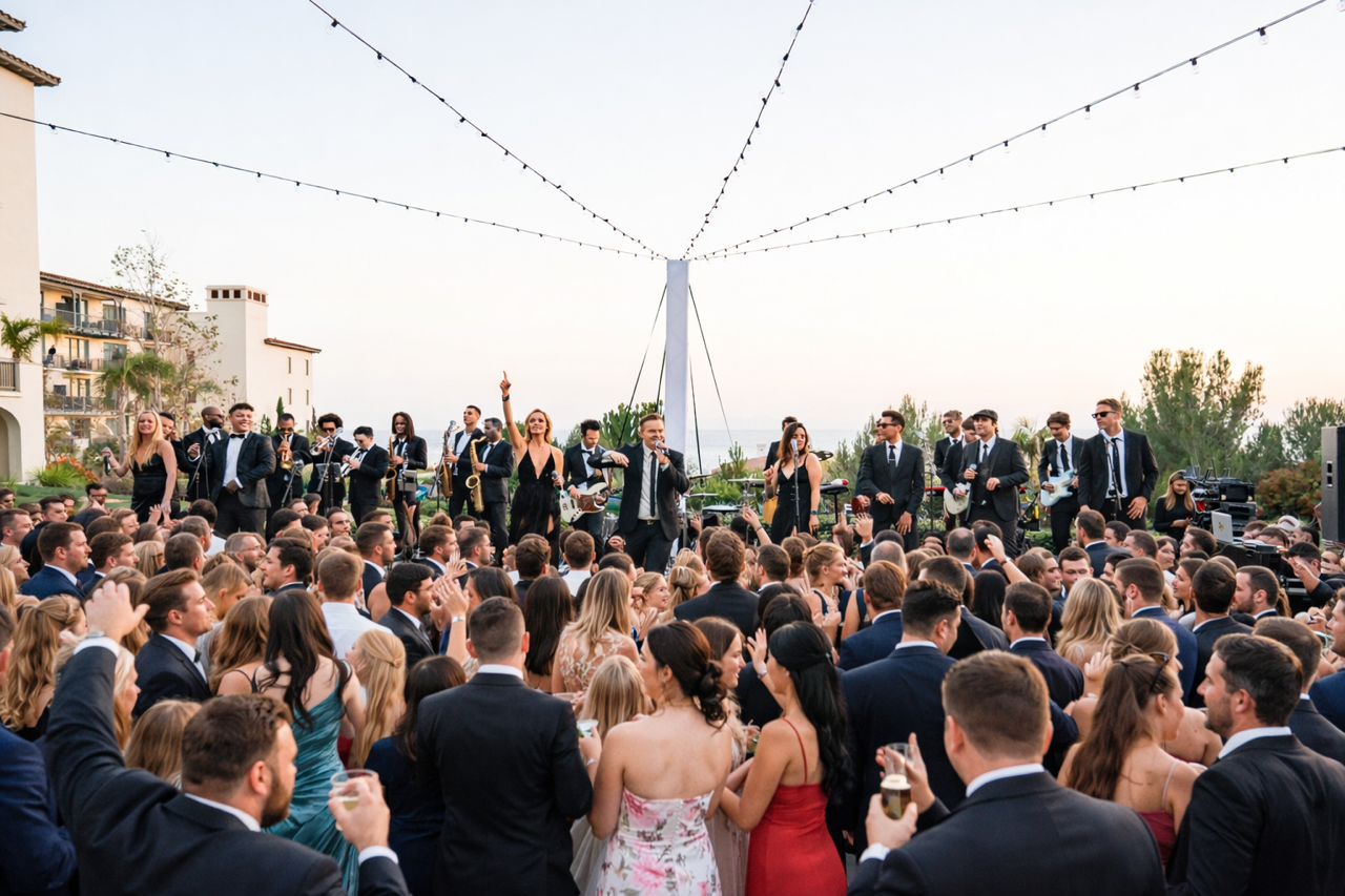 A large crowd dances and cheers in front of a live band at an outdoor evening wedding celebration with string lights.