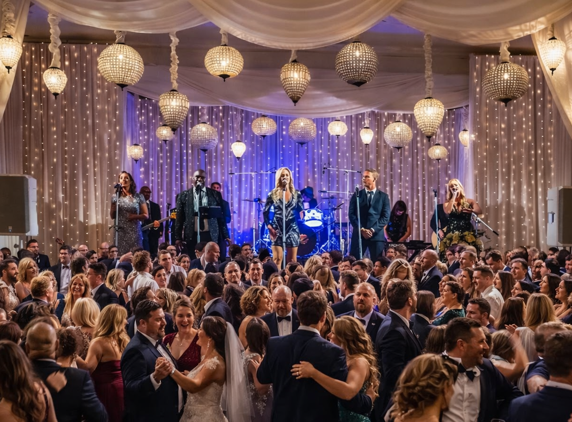 A band performs on a stage decorated with fairy lights and globe lanterns for a large group of people dancing at a wedding.