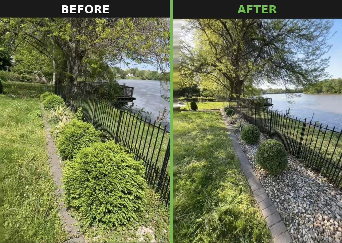 Overgrown shrubs and grass shaped up and mowed along a lakeside fence in Bradley, IL