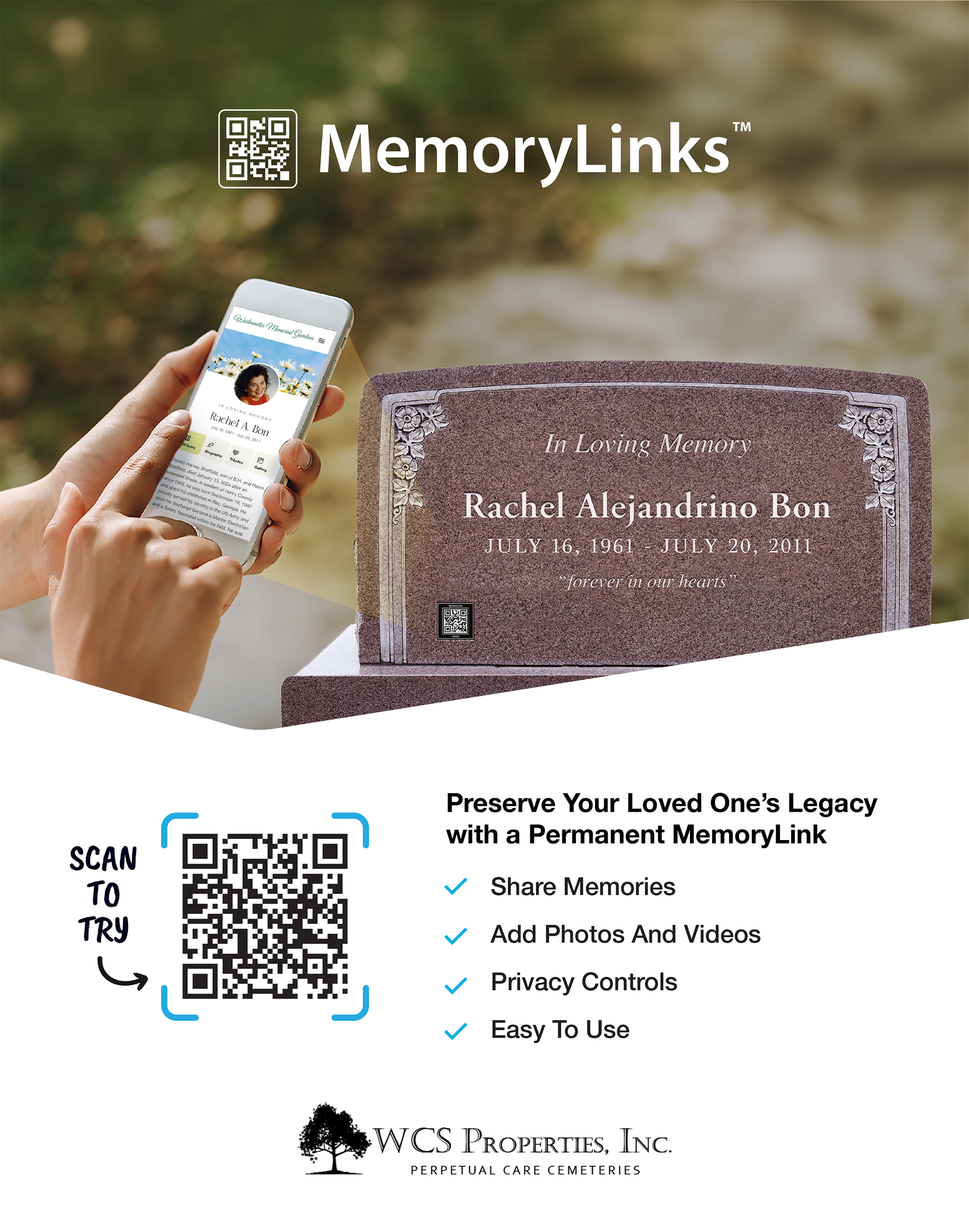 A brochure for MemoryLinks showing a QR code on a headstone, allowing users to view digital memorials on a smartphone.