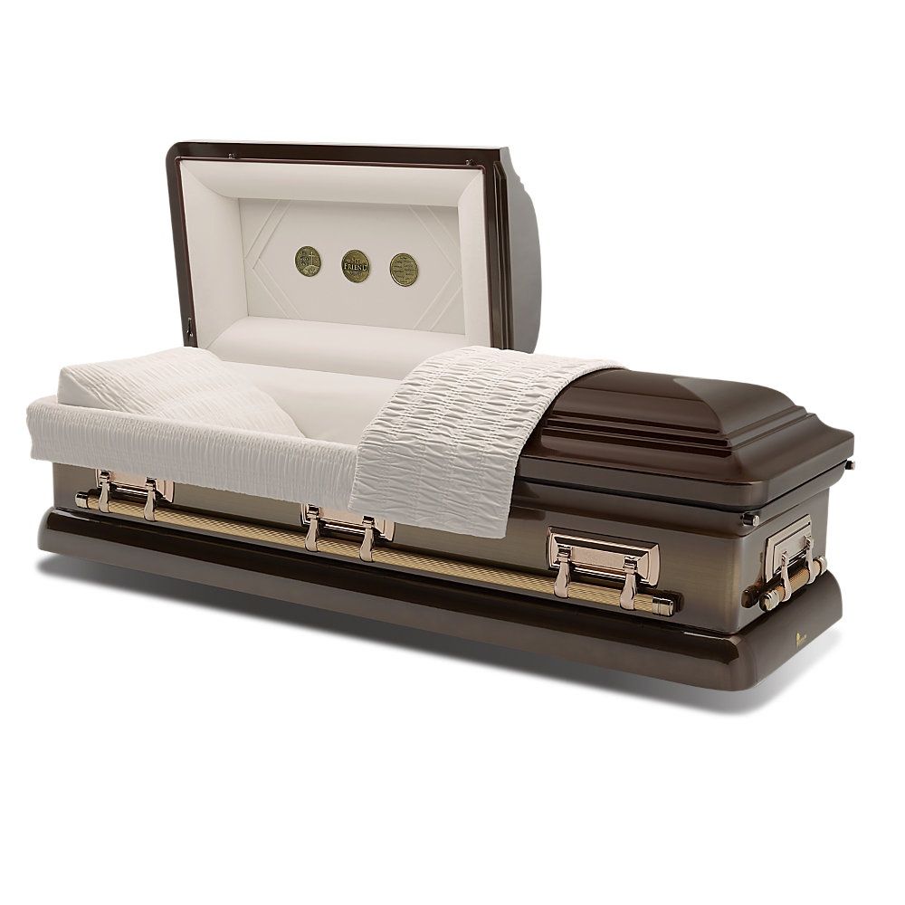 Open casket with white lining and dark brown exterior on a white background