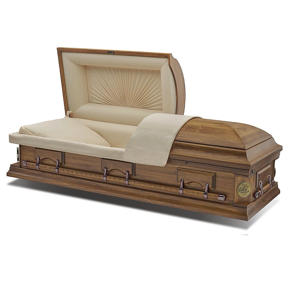 Brown wooden casket with beige lining and lid open, showing interior pillow and draped fabric