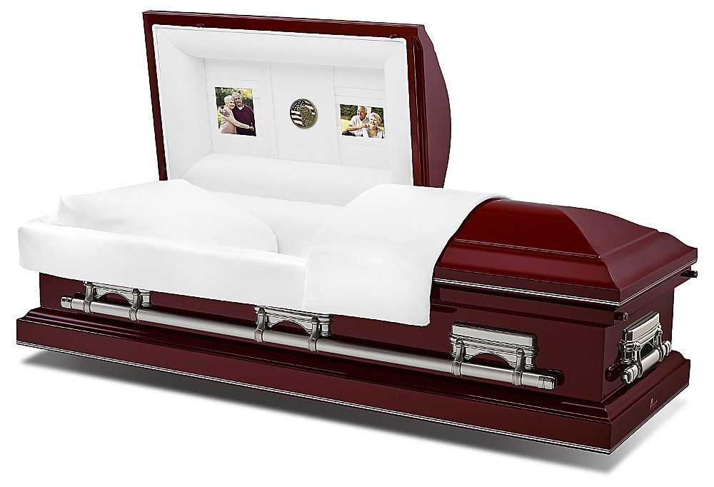 Maroon casket with white satin lining and open lid, shown in profile.