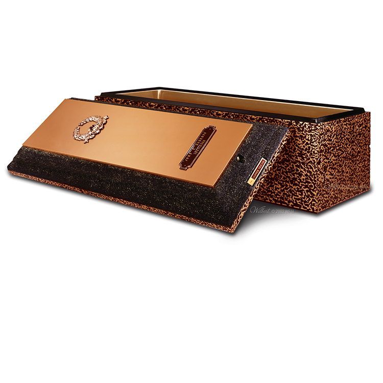 Brown decorative vault with lid open, shown against a white background