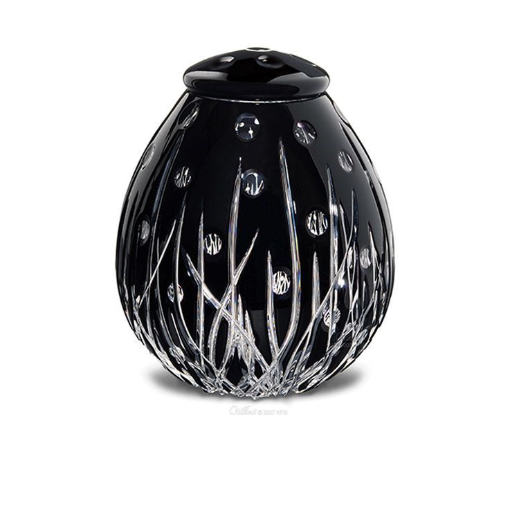 Black glass decorative vase with silver leaf-like patterns and dotted accents