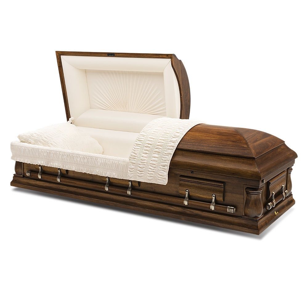 Open wooden casket with cream interior and white satin lining