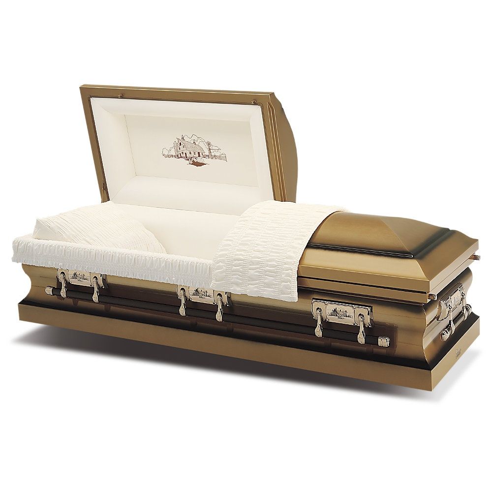 Open casket with white lining and beige cushions, shown in a simple studio setting