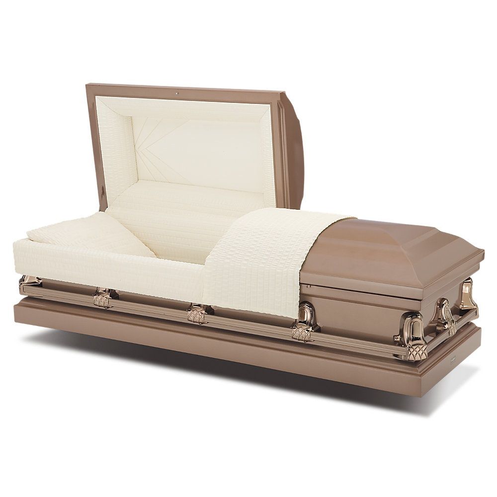 Light wood casket with open lid and cream interior, draped with a white quilted blanket.