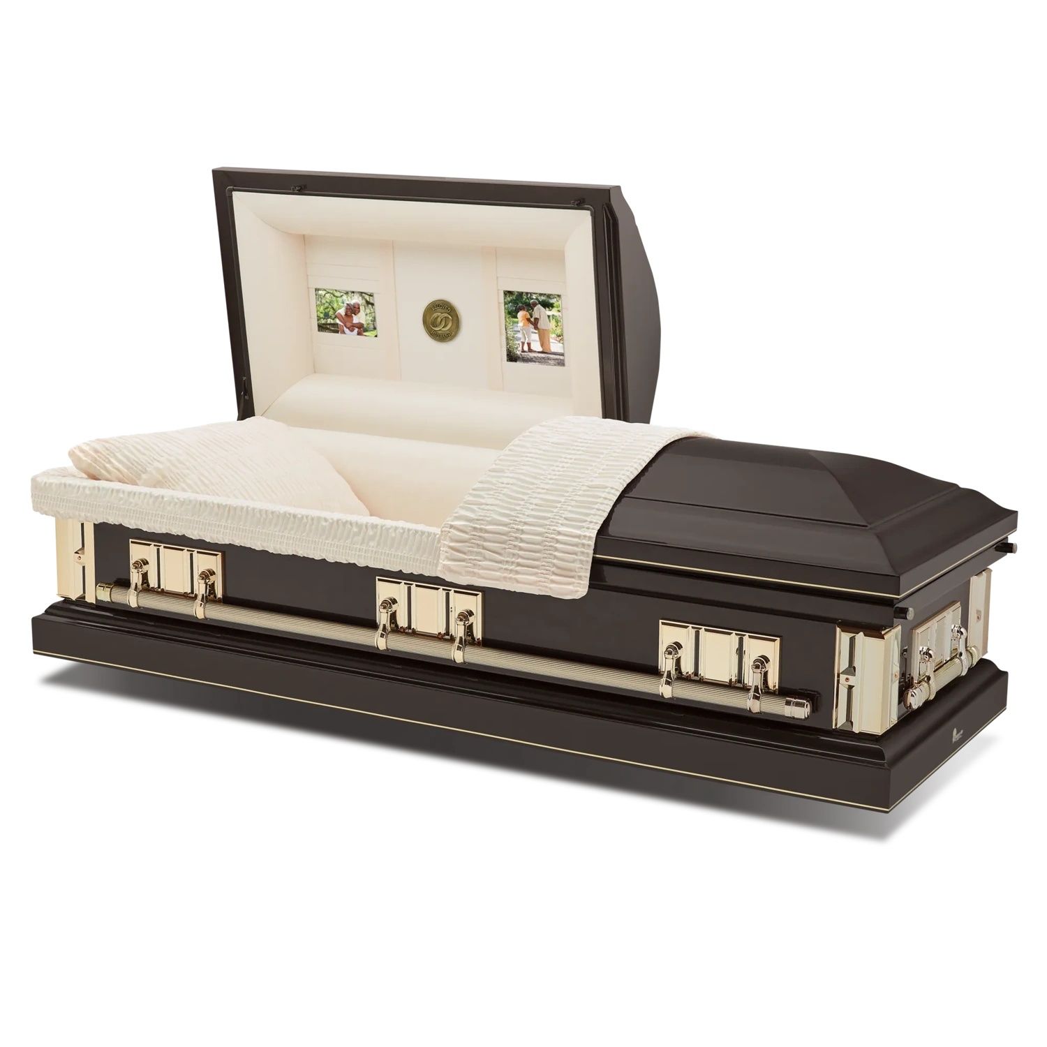 Open casket with white lining and dark brown exterior on a white background