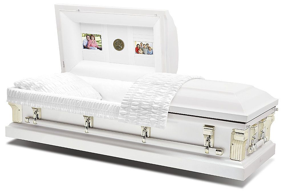 White funeral casket with open lid, satin interior, and gold hardware on a white base