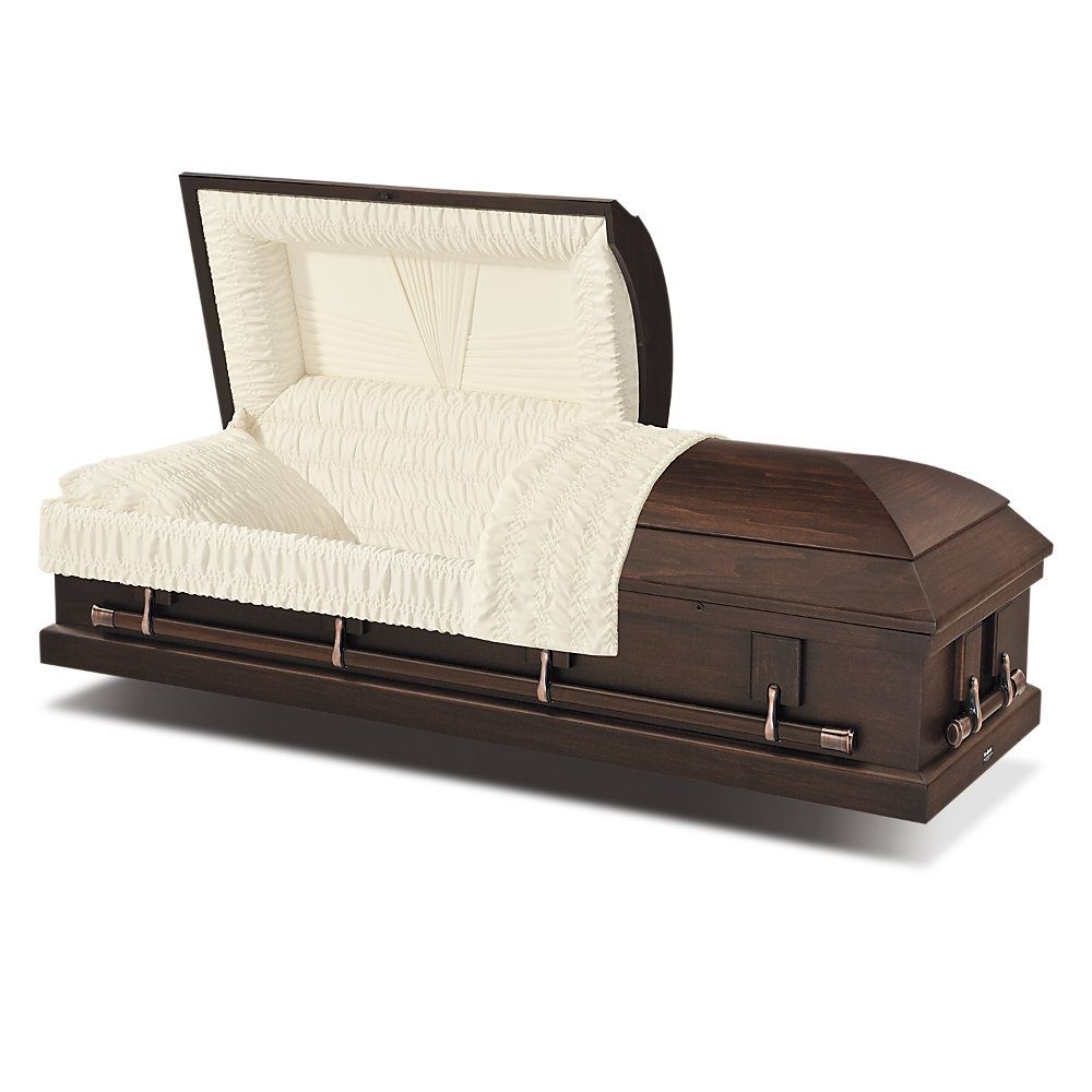 Brown casket with lid open, showing a cream-colored interior liner.
