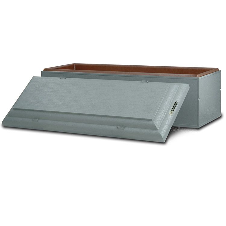 Gray vault with an open slanted lid, showing a brown interior top panel