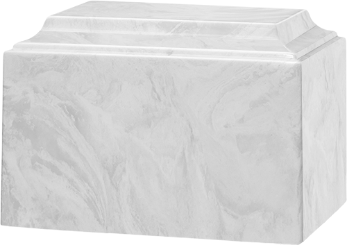 White marble memorial urn with stepped lid and subtle gray veining