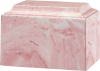 Pink marble memorial urn with a hinged lid and beveled edges